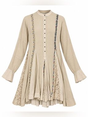FP One Free People Gauze Tunic Dress Embroidered Lace Inset Mini Peasant Boho S